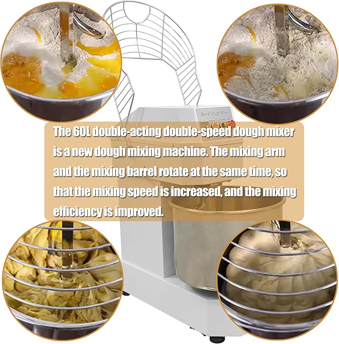 Commercial Stand Mixer 60L Double-acting Double-speed Dough Mixer Dough Kneading Machine Bread Spiral Mixer Automatic Dough Mixing Machine for Pizza Restaurant Bakeries Kitchen 220V