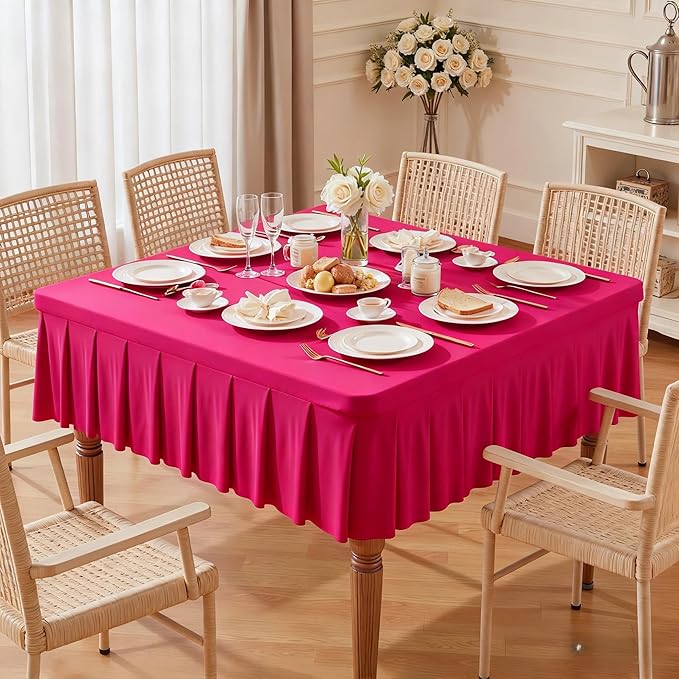 Wish Care Hot Pink Spandex Tablecloths for 54x54 Inch Square Tables, Stretch Fitted Table Clothes with Pleated Ruffle Skirt for 54” Table, Wrinkle Free and Elastic, for Party Kitchen Home Dining