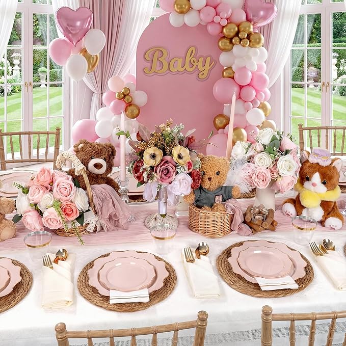 WDF 350Pcs Pink Plastic Plates - Pink and Gold Disposable Plates 50Guest Plastic Dinnerware for Baby Shower/Birthday/Wedding/Easter
