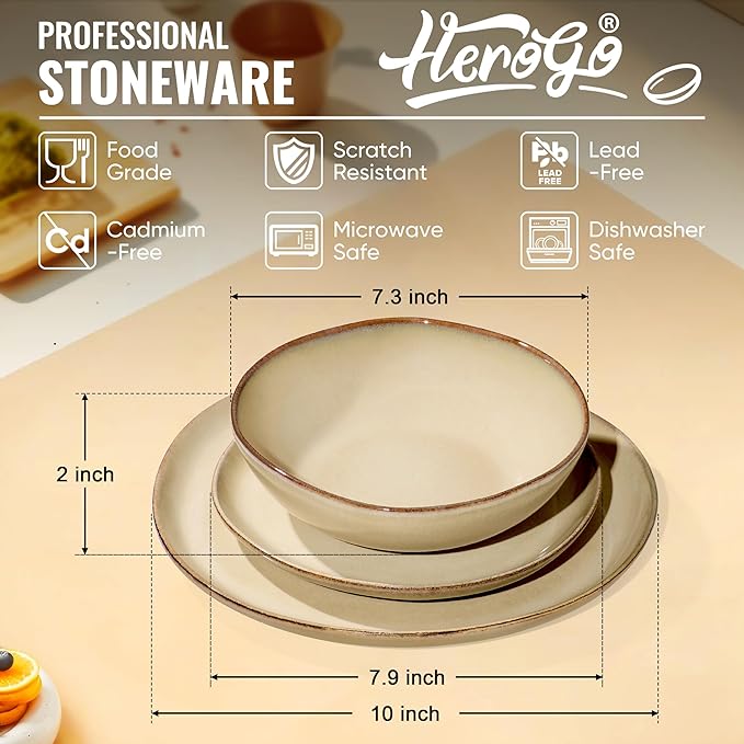 Herogo Stoneware Dinnerware Sets for 6, 18pcs Irregular Handmade Dinner Dish Set, Plates and Bowls Dishware for Kitchen Dining, Microwave & Dishwasher Safe, Cream Khaki