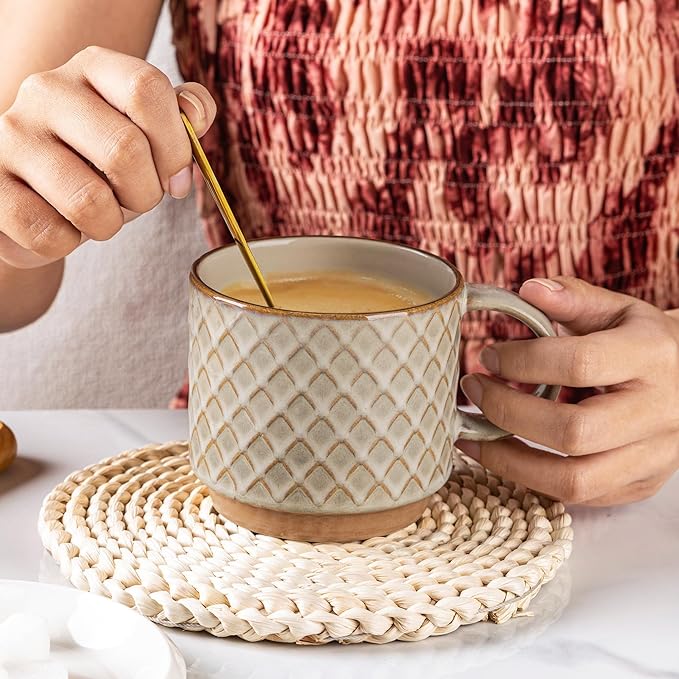 GBhome 12OZ Stackable Coffee Mugs, Ceramic Coffee Mugs with Texture Patterns for Man,Woman,Dad,Mom, Modern Coffee Mugs Set of 4 for Latte/Cappuccino/Cocoa. Dishwasher&Microwave Safe, Pale Khaki