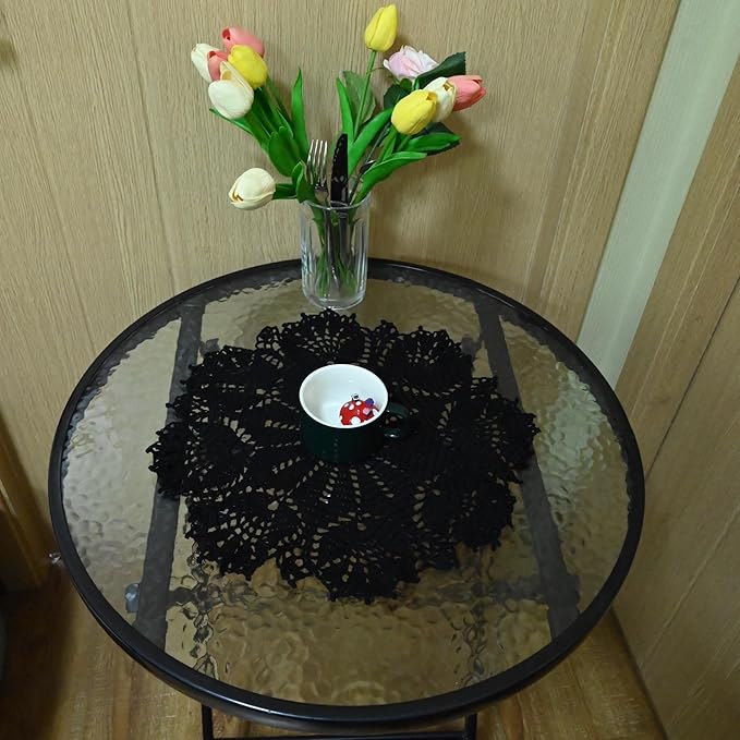 BIBITIME Tulip Flower Doilies Lace Doilies Kitchen Table Doily Mats Tablecloth Handmade Crochet Placemats Vase Dish Plate Mat (1 PC- 15 inches- 16 inches, Black)