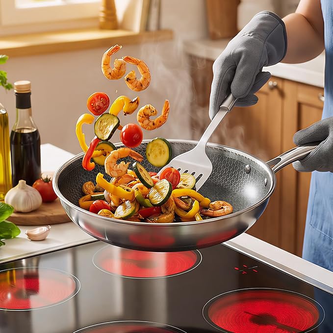 10 Inch Non-Stick Frying Pan with Lid Tri-Ply Stainless Steel Pan with Stay-Cool Handle Oven & Dishwasher Safe For Induction, Ceramic & Gas Stovetops