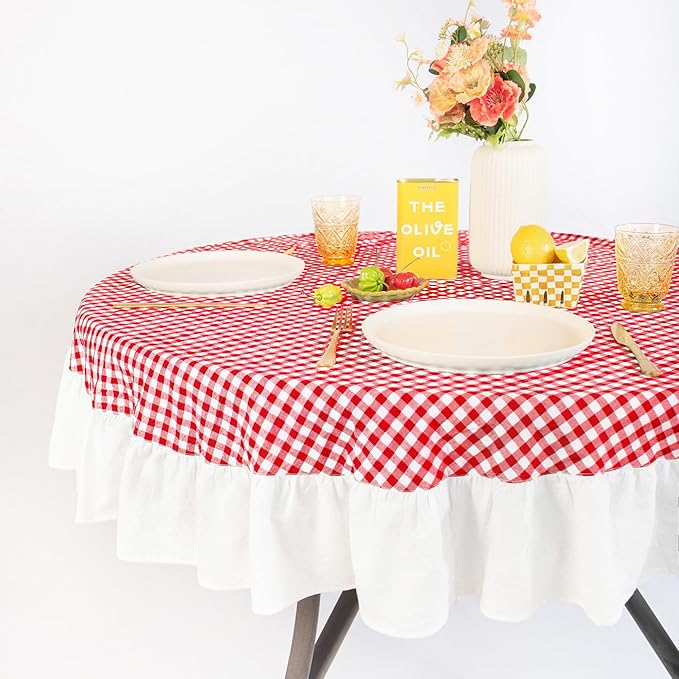 MONDAY MOOSE Gingham Checkered Farmhouse Rustic Ruffle Style Decoration Round Natural Stonewashed Cotton Tablecloth for Kitchen, Dining Room, Restaurant (60" Round, Red/White)