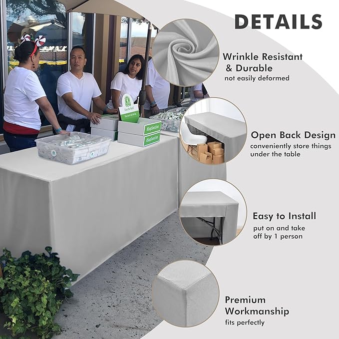 Nasitos 2 Pack Silver Fitted Table Covers for 8 Foot Tables-Open Back Folding Table Cover Washable Table Cloth for Rectangular Table, Parties, Wedding, Banquet, Jewelry Shows, Craft Fair, Cocktails