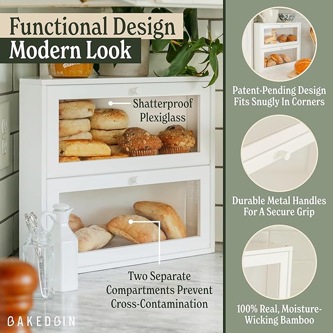Corner Bread Box for Kitchen Countertop - New 2026 Airtight Design - Extra Large, Double Layer White Breadbox, Vintage Storage for Homemade Bread, Under Cabinet Organizer