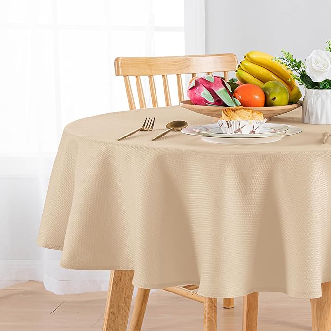 Hiasan Round Textured Tablecloth 50 Inch - Waterproof Spillproof Antiwrinkle Jacquard Table Cloth, Decorative Polyester Table Cover for Kitchen, Outdoor Picnic, Holiday and Parties, Beige