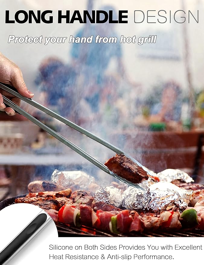 Anaeat Extra Long Stainless Steel Grilling Locking Tong, 17" Sturdy Coiled Spring Kitchen Food Tong with Non-Slip Silicone Grip for BBQ, Baking, Cooking - Heat Resistant up to 480°F (Black)