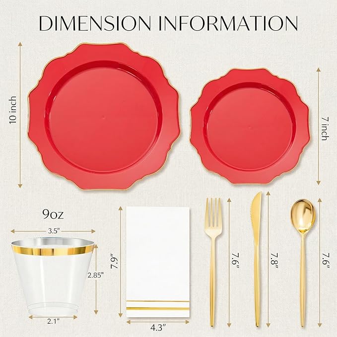 WDF 175Pcs Red Plates - Red Plastic Plates with Gold Rim - Fancy Disposable Dinnerware Sets Ideal for Party/Wedding/Valentine's Day