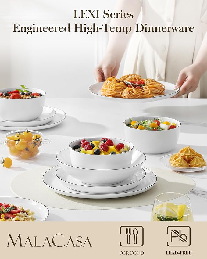MALACASA 24 Pieces Gourmet Porcelain Dinnerware Sets, Premium Plates and Bowls Set, High-Fired Dishes Set for 6, Chip & Scratch Resistant, Microwave Dishwasher Safe, White & Black Rim, Series LEXI