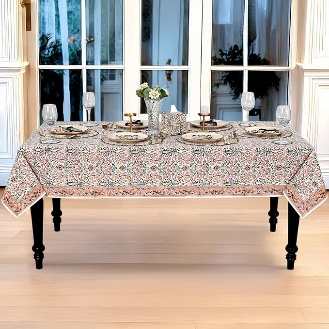 Ridhi Hand Block Print Sassy Salmon Emerald Green Rectangle Cotton Tablecloth 90" x 60" Reusable Table Cover Decorative Everyday Use for Dining, Farmhouse, Home Gift for Spring, Easter, Valentine