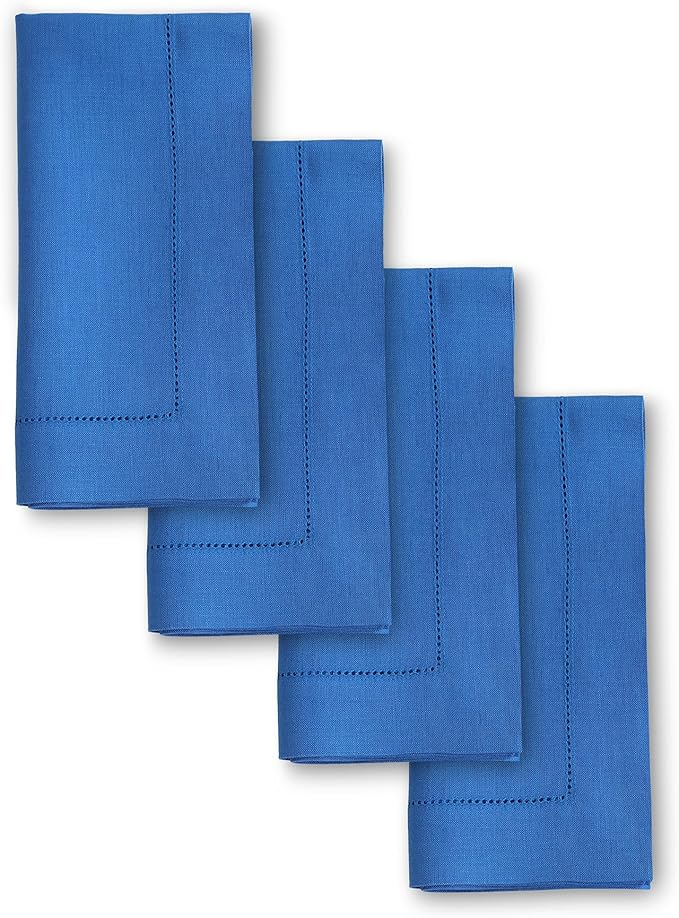 Solino Home Linen Napkins Set of 4 - Classic Hemstitch 100% Pure Linen Royal Blue Dinner Napkins Cloth 20 x 20 Inch - Handcrafted and Machine Washable - Winter, Spring