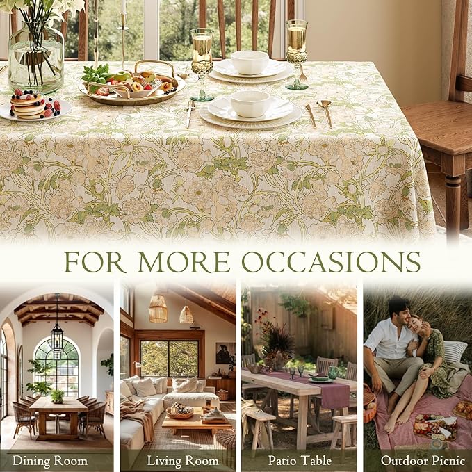 French Linen Tablecloth Rectangular, Vintage Floral Table Cloth, Waterproof Table Cover for Picnic Dining Party Wedding, Sage Green, 63x91''
