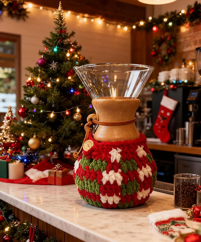 Handmade Crochet Coffeemaker Cozy For Chemex 6 Cup Accessories Coffee Warmer Protection Cozy Winter Decor For Coffee Corner(Cozy Only) (Christmas stripe)