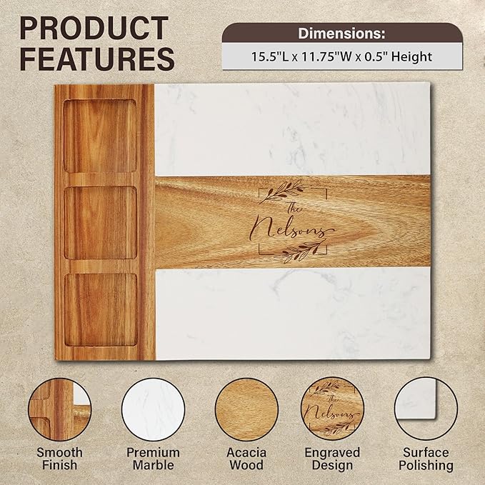 Personalized Charcuterie Board Set, Custom Laser Engraved Marble Wood Cheese Serving Board with Knife Set, Wedding & Engagement Gift for Couples, Bridal Shower & Housewarming Gift, Ready-to-Gift Box