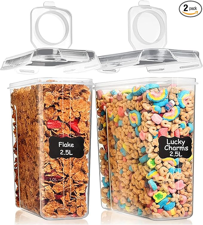 Shazo 2 Pack (15.4 Oz Cereal Capacity) Small Airtight Cereal Containers Storage with Lids, Perfect Space Saving BPA-Free Plastic Container, Pantry Organization and Canister for Rice, Sugar & Flour
