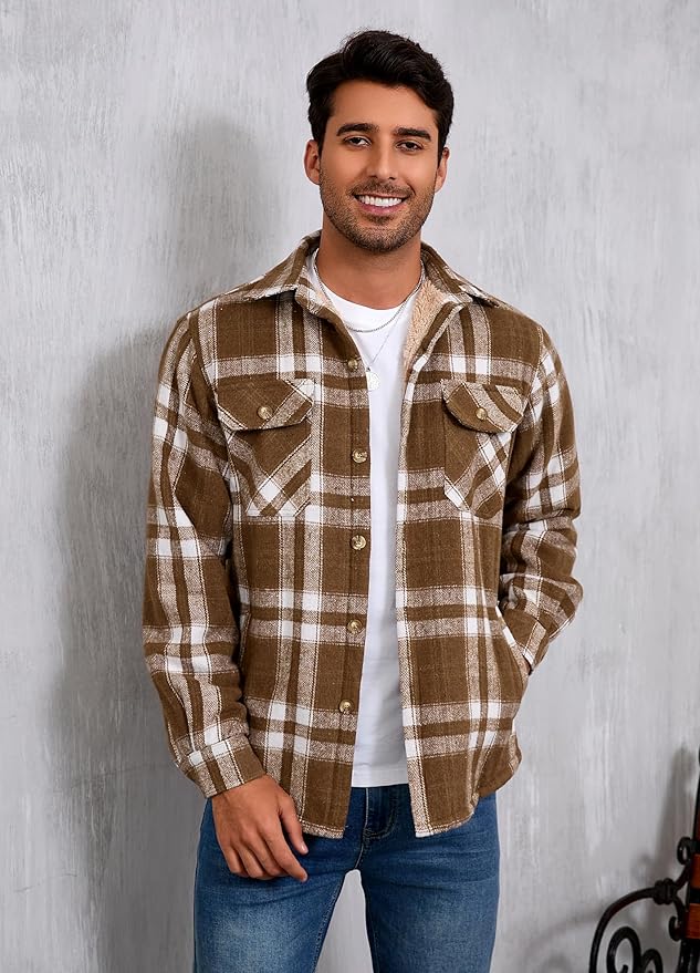 Men's Cotton Sherpa Lined Button Down Flannel Shirt Jacket Plaid Soft Outdoor Flannel Jacket Shirt
