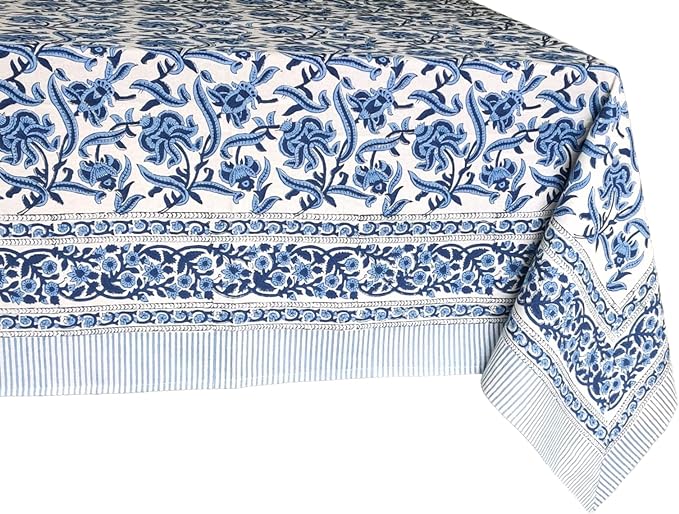 ATOSII Midnight Bloom 100% Cotton Fall Tablecloth, Handblock Print Blue Square Table Cloth for Kitchen Dining Table Linen I Parties Wedding Christmas Thanksgiving Outdoor Fall Decor 60 X 60 Inches