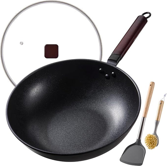 Carbon Steel Wok -13 Inch Woks & Stir-fry Pans Nonstick, Wok Pan with Glass Lid Spatula and Dish Brush: Pre-Seasoned Flat Bottom Chinese Wok for Induction, Electric, Gas, All Stoves
