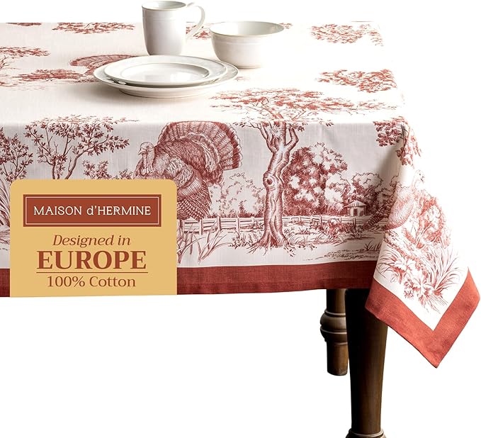 Maison d' Hermine Table Cloth Rectangle Table 100% Cotton 70 x 108 Inches Fall Tablecloth Reusable Everyday Use for Thanksgiving Christmas Decorations Dining Farmhouse Party (Holy Jouy - Red)