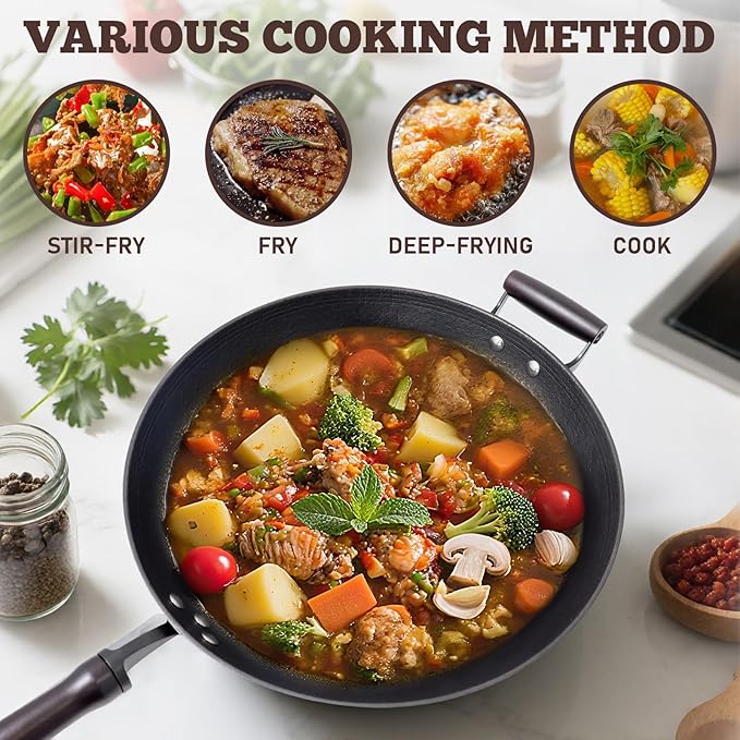 HONGJIANG Cast Iron Wok Pan with Lid, 12.6" Pre-Seasoned Flat Bottom Wok, Coating-Free Wok Stir Fry Pan, Compatible Traditional Chinese Wok for Induction, Electric, Gas, Open Fire