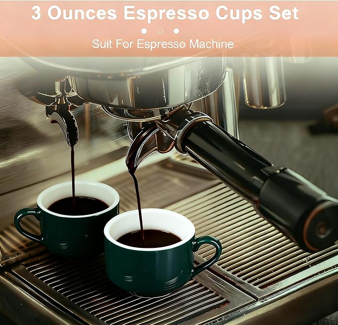 3 Ounce Espresso Cups Set of 4, Stackable Demitasse Mugs, Includes Display Stand, Cups Saucers & Spoons, for Machines & Home Use, Red Green Gold Tone