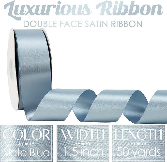 MEEDEE Slate Blue Satin Ribbon - 1-1/2 inch Double Faced, 50 Yards for Christmas Tree, Weddings, Flower Bouquets