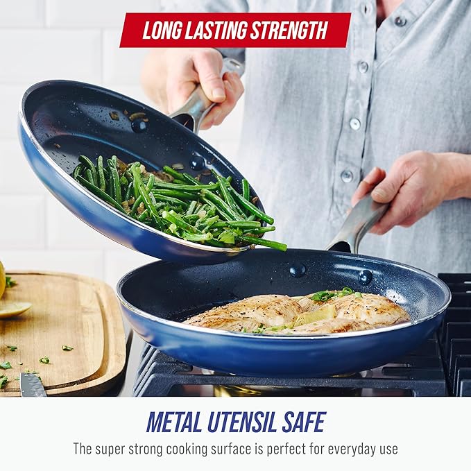 Blue Diamond 9.5” & 11" Nonstick Frying Pan Skillet Set, Diamond Infused PFAS-Free Ceramic, Dishwasher & Oven Safe, Stainless Steel Handle, Durable Non Toxic Metal Utensil Safe, Egg & Omelet Pans,Blue