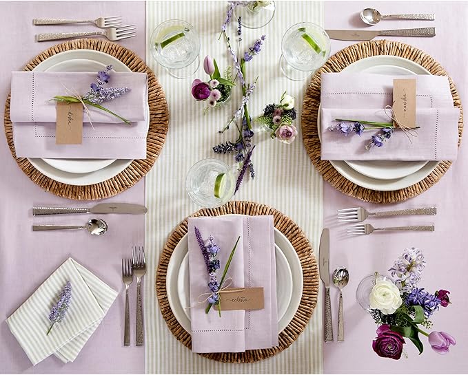 Solino Home Linen Napkins Set of 4 - Classic Hemstitch 100% Pure Linen Lilac Dinner Napkins Cloth 20 x 20 Inch for Valentines, Spring, Easter - Handcrafted and Machine Washable