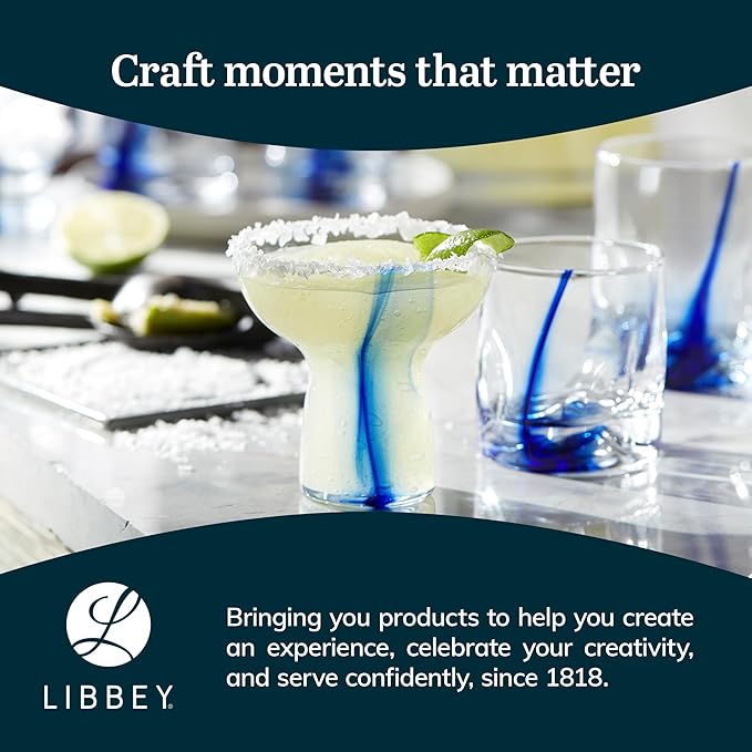 Libbey Blue Ribbon Stemless, Margarita Glasses, Artisan-Inspired, Elegant Margarita Glass Set of 6, Lightweight Mexican Glassware for Parties and More