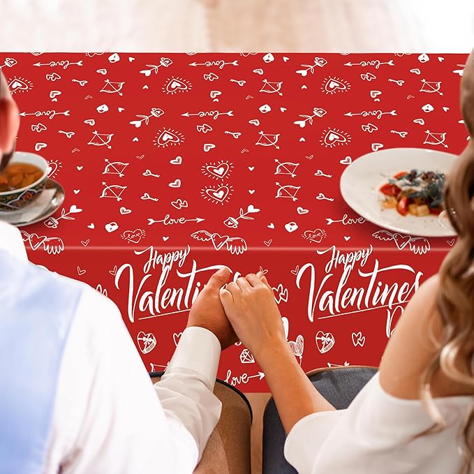QZYL 2 PCS Valentines Decorations, Disposable 108" X 54" Valentines Tablecloths, Plastic Romantic Red Love Heart Tablecloths, Rectangle Love Table Covers, Valentine's Decorations for Memorable Tables
