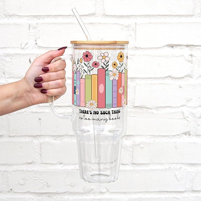 Sip-Sip Hooray! 40oz Bookshelf Glass Tumbler with Lid and Straw, No Such Thing as Too Many Books Cup, Book Lover Gift, Booktok Aesthetic Reader Drinkware, Large Coffee Mug