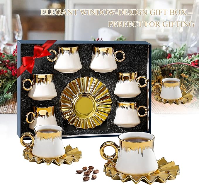 AstraLoom Turkish Coffee Cup Set - 6 Small 3oz Ceramic Demitasse Cups with Saucers, Gold-Plated Rim, for Espresso & Turkish Coffee