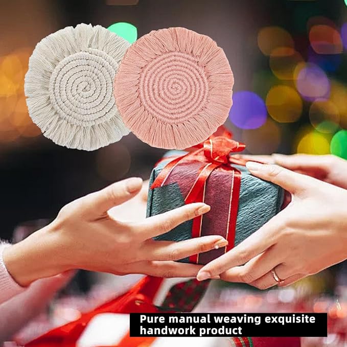 2 PCS Handmade Boho Coasters,100% Cotton Woven Macrame Absorbent Coasters for Drinks,Heat Resistant Office Cotton Coaster for Coffee Table,Desk Kitchen Dining Room Kitchen,Housewarming Gift(