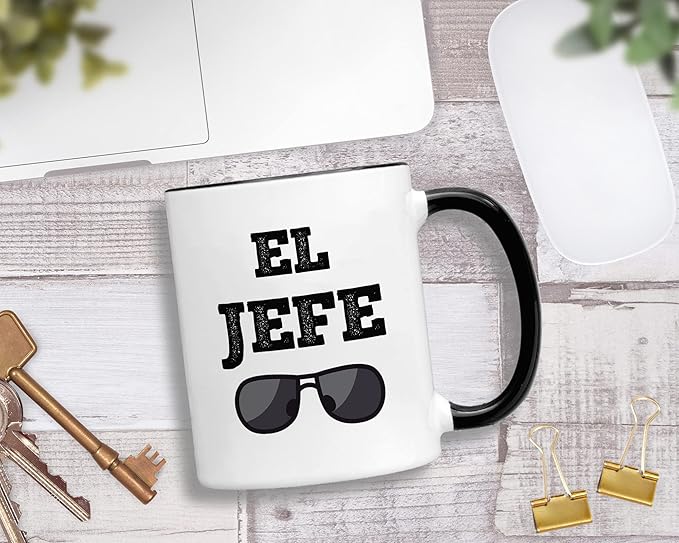 Casitika Mug Idea for Boss. El Jefe 11 oz Coffee Mug. Funny Saying in Spanish for The Bosses. Regalo para Tu Jefe. (Black Handle/Rim)