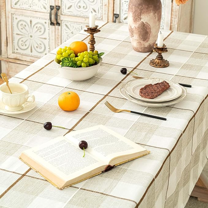 SIELUNO Rectangle Tablecloth Cotton Linen Waterproof Table Cloth Rustic Farmhouse Table Cover for Holiday Parties Christmas Kitchen Dining Decoration-Coffee Checkerboard -54"x102"