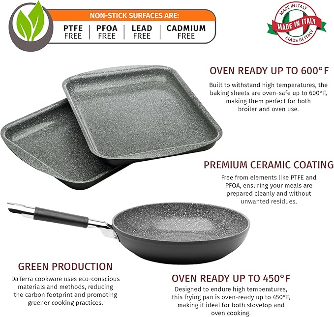 DaTerra Cucina Nonstick Weekday Bundle – 9.5" Frying Pan, Twin Baking/Cookie Sheets – Oven Safe, PTFE & PFOA Free, Ideal for Frying, Roasting and Baking - Made in Italy, Volcanic Black Ceramic