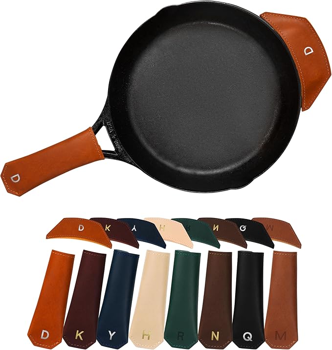 Northwind Personalized Engraved Leather Skillet Handle Cover Set of 2 – Made in USA - Custom Monogrammed Pot Holder Sleeve for Cast Iron Pans, Anniversary, Wedding, Housewarming, and Unique Gift