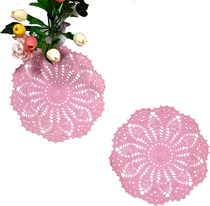 BIBITIME 2 PCS 11 inches to 12 inches Lace Doilies Crochet Handmade Lace Coasters Round Placemat Rustic Table Doilies Decors for Kitchen Dining Room Party Dressers Pink