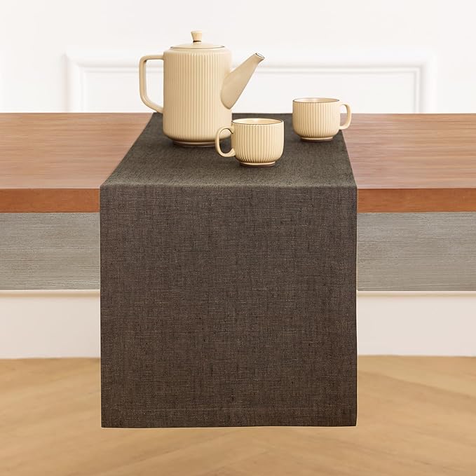Solino Home Linen Chambray Brown Table Runner 120 Inches Long - Athena, 100% Pure Linen Dining Table Runner 14 x 120 Inch for Winter - Handcrafted and Machine Washable