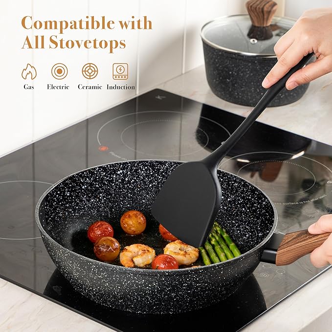 PekGema 14 Pcs Ceramic Cookware Sets, Pots and Pans Set Nonstick, Non Toxic Healthy Non stick Kitchen Cooking Set, Induction Cookware with Frying Pan Set, PFAS PTFE PFOA FREE, Black