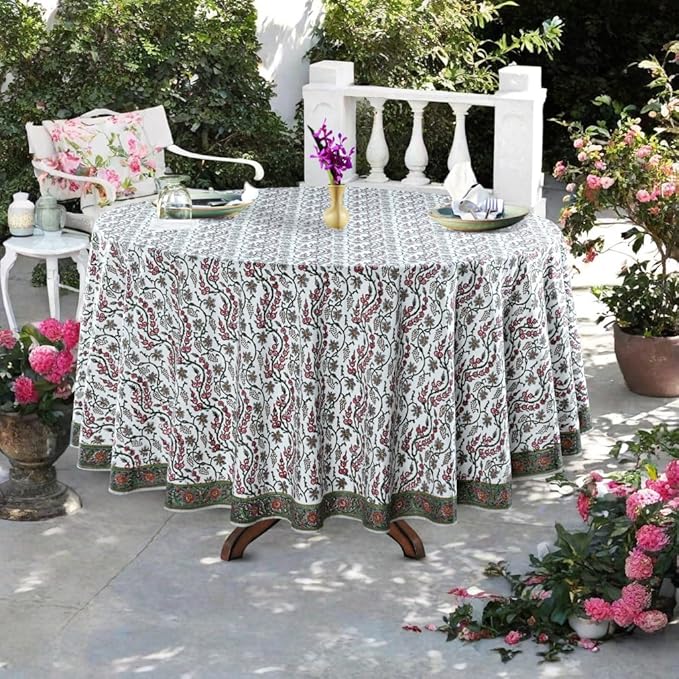 Ridhi Block Print Round Coral Pink Trails Reusable Tablecloth 100% Cotton 90" Inch Decorative Table Cover eveyday Dining, Home, Party, Wedding, Farmhouse Gift for Spring, Easter, Valentine
