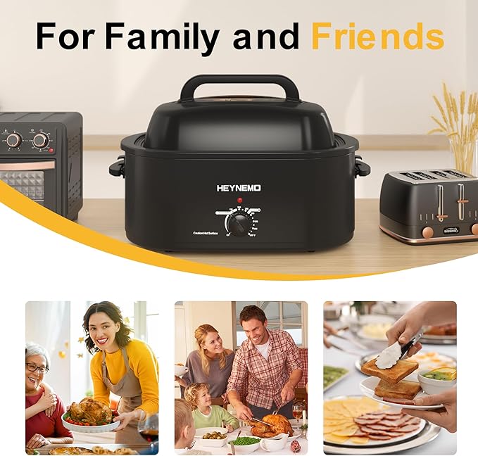 22 Quart Electric Roaster Oven, Turkey Roaster with Viewing & Self-basting Lid, Stainless Steel Turkey Roaster Oven, Black