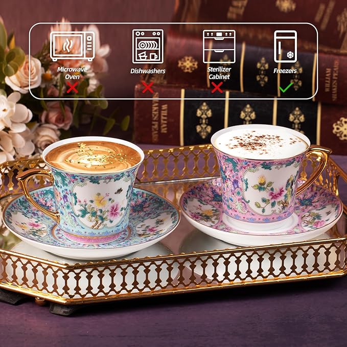 KAMMAK Tea Cups and Saucers Set of 2, Porcelain Coffee Cups with Saucer for Espresso, Cappuccino, 8oz Vintage Pink and Blue Ceramic Novelty Mug for Home, Tea Party, Office