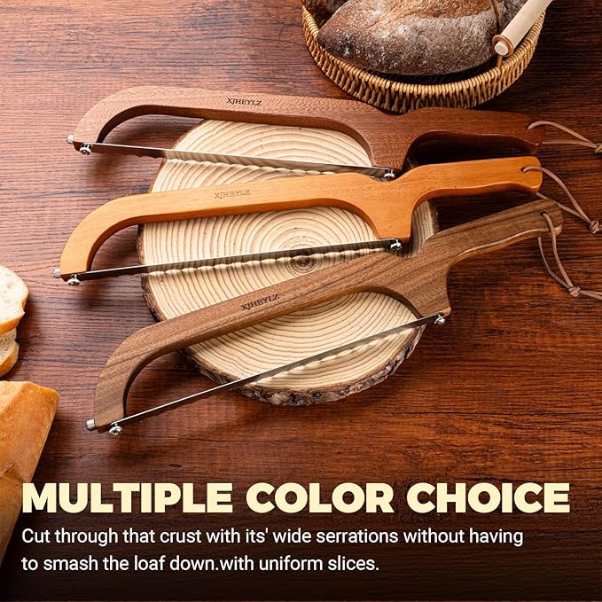 Sourdough bread knife,Bread Slicer for Homemade Bread,Adjustable blade tightness for Even Slicing, Serrated knife,Wooden Bread cutter with Bow Design (3, Natural Wood)