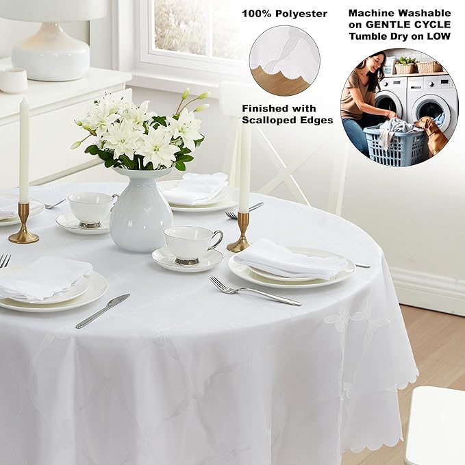 Newbridge Ribbons and Bows Damask Spring & Easter Holiday Fabric Tablecloth, White, 70 Inch Round, Wrinkle & Stain Resistant Table Cover