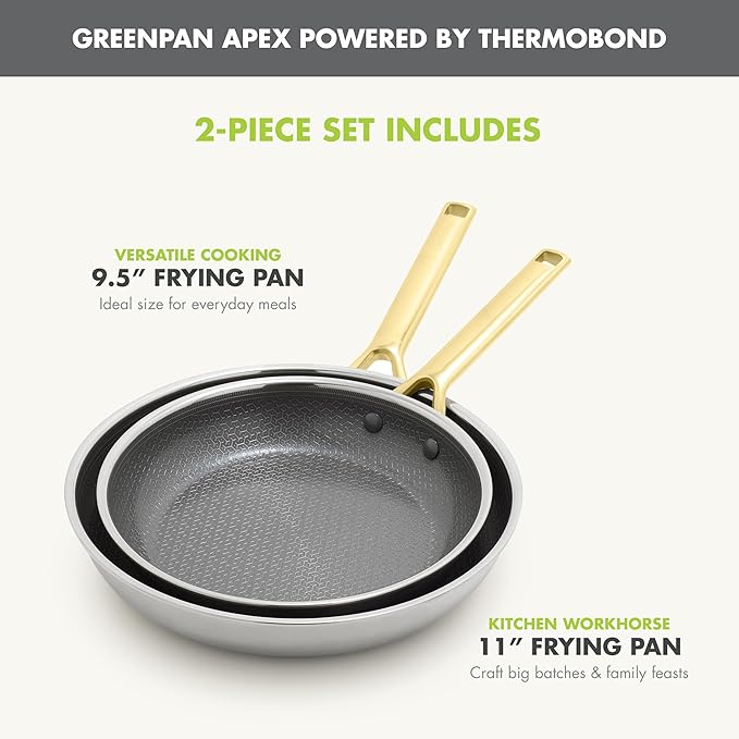GreenPan Hybrid 9.5” & 11” Nonstick Stainless Steel Frying Pan Set, APEX Tri-Ply Thermobond PFAS-Free Ceramic Skillets, Induction & All Cooktop Compatible, Oven Temp to 850°F, Dishwasher Safe, Gold