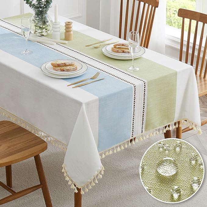QIANQUHUI Embroidered Tablecloth for Dining Table,Dust Proof Spillproof Soil Resistant Cotton Linen Rectangle Table Cloths (Green Blue, Rectangle/Oblong, 55'x102'', 8-10 Seats)