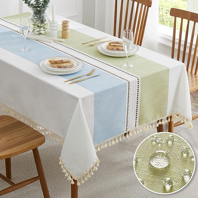 QIANQUHUI Embroidered Tablecloth for Dining Table,Dust Proof Spillproof Soil Resistant Cotton Linen Rectangle Table Cloths (Green Blue, Rectangle/Oblong, 55'x120'', 10-12 Seats)