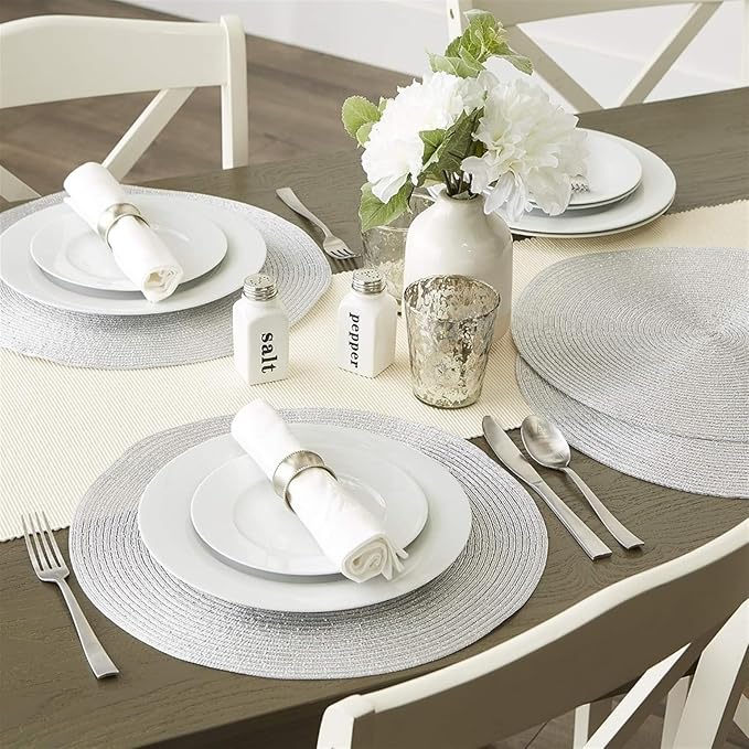 4/8PCS PVC Dandelion Hollow Nordic Style Non-Slip Kitchen Placemat Coaster Insulation Pad Dish Coffee Table Mat Home Hotel Decor(Sliver,34CM Placemats)